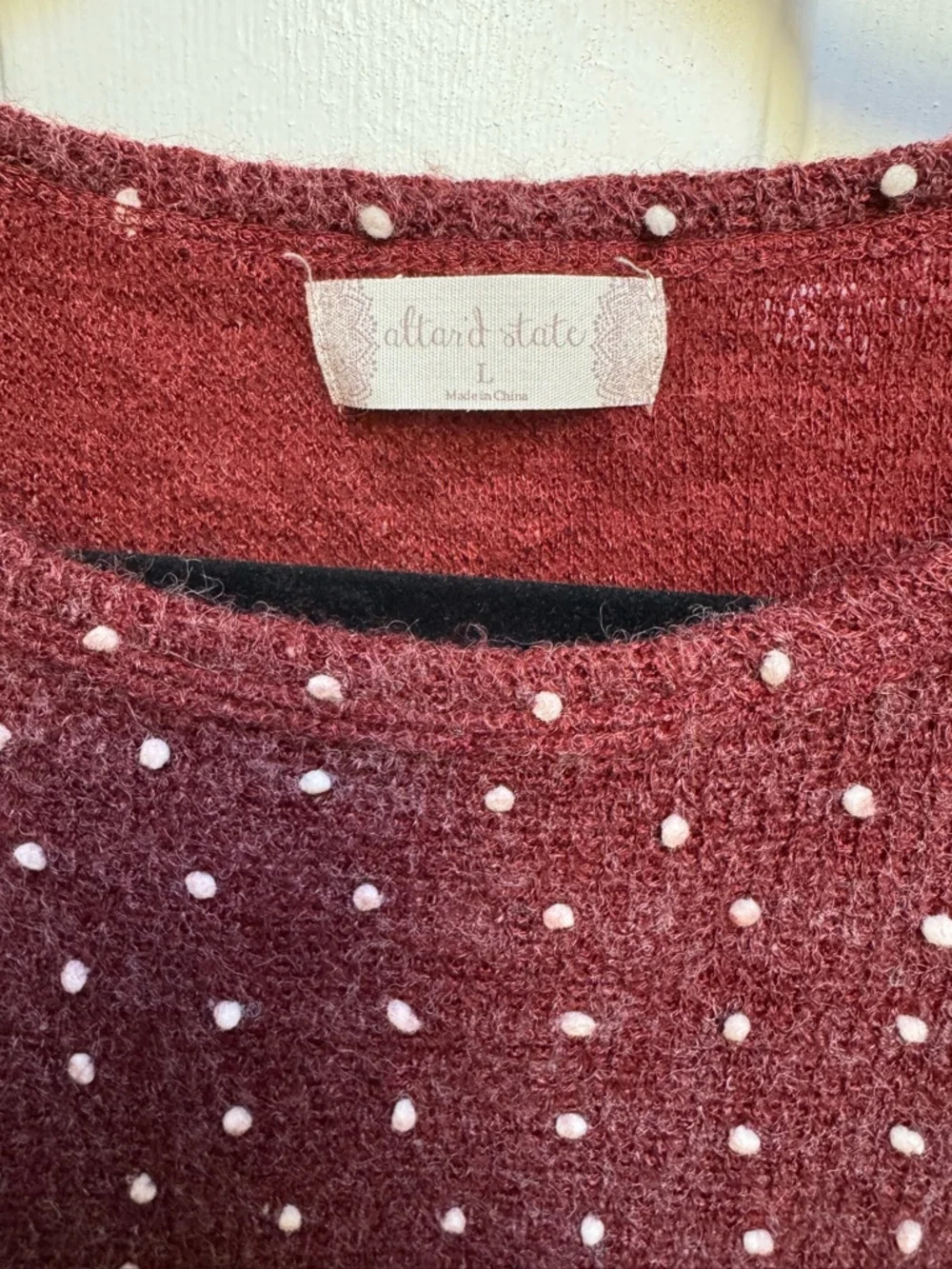 Altar'd State Lace Hem Polka Dot Embellished L/Sleeve Burgundy Red Sweater Large